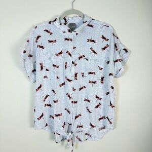 Como Vintage Womens Button Up Shirt DragonFly Print Polka dots sz XL Tie Front